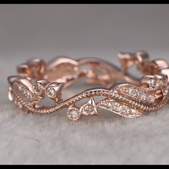 Exquisite 18k Rose Gold PLATED CZ Diamond Floral & Leaf Ring - Picture 2 of 4